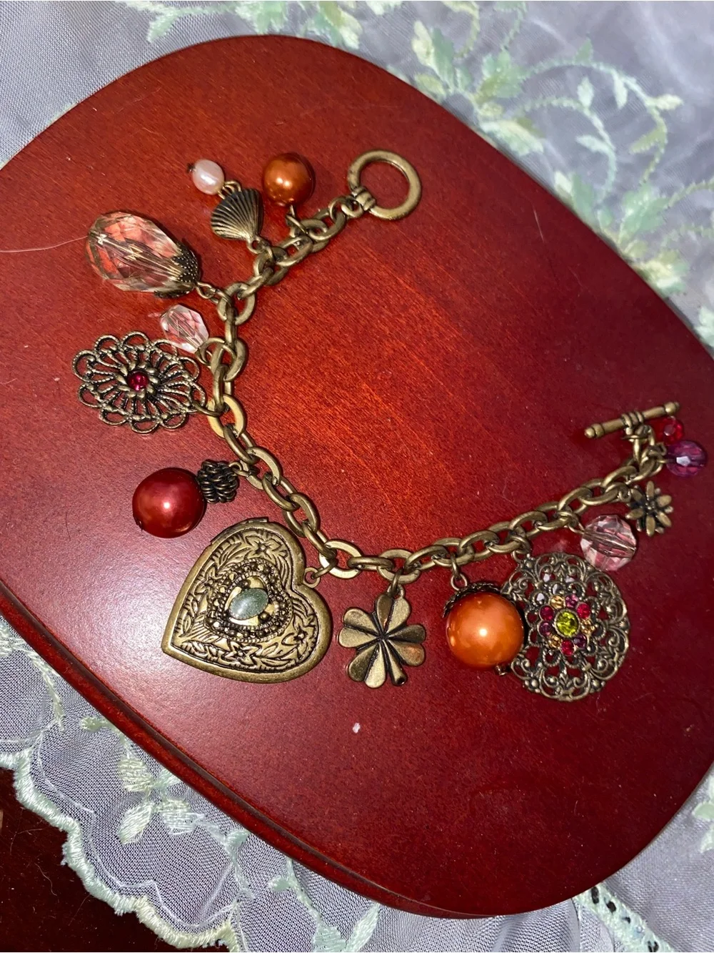 Victorian Revival Brass Functioning Heart Locket Floral Filigree Charm Bracelet
